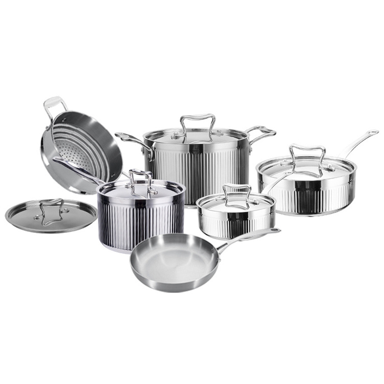 11 Piece Kitchen Non Stick Cooking Pot and Pan Set Triple Ply Stainless Steel Saucepan Skillet Stockpot Nonstick Cookware Set