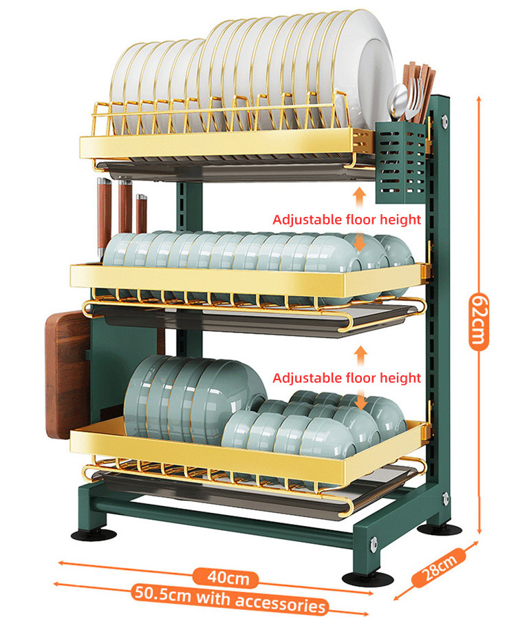 Dish Drying Rack 3-Tier 304 Stainless Steel Standing Dish Drainer for Kitchen Cabinet or Counter with Utensil Holder