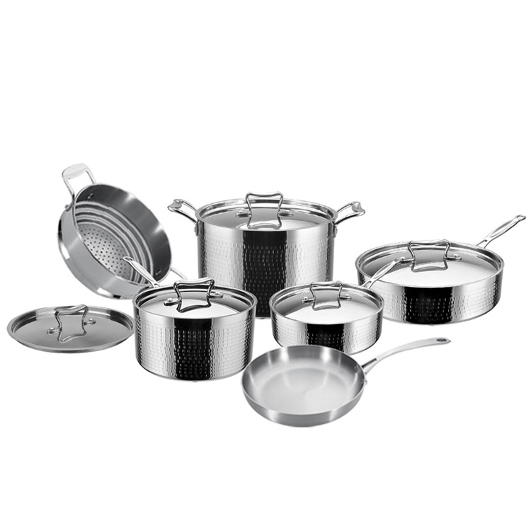 11 Piece Kitchen Non Stick Cooking Pot and Pan Set Triple Ply Stainless Steel Saucepan Skillet Stockpot Nonstick Cookware Set