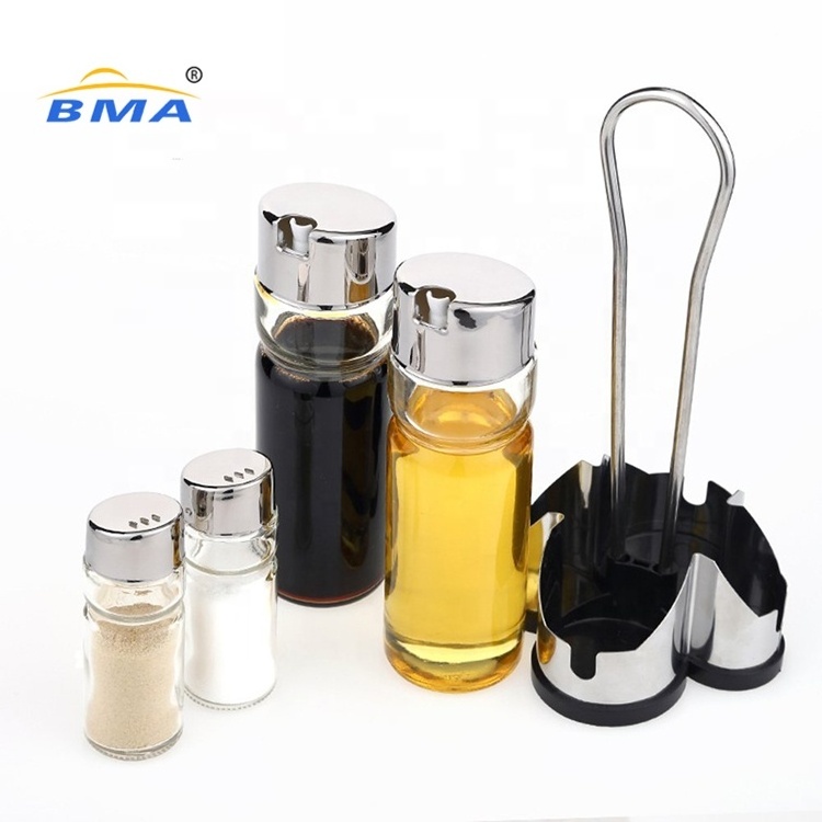 kitchen stainless steel stand glass cruet condiment set salt pepper shaker oil and vinegar dispenser