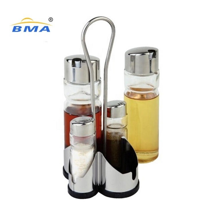 kitchen stainless steel stand glass cruet condiment set salt pepper shaker oil and vinegar dispenser