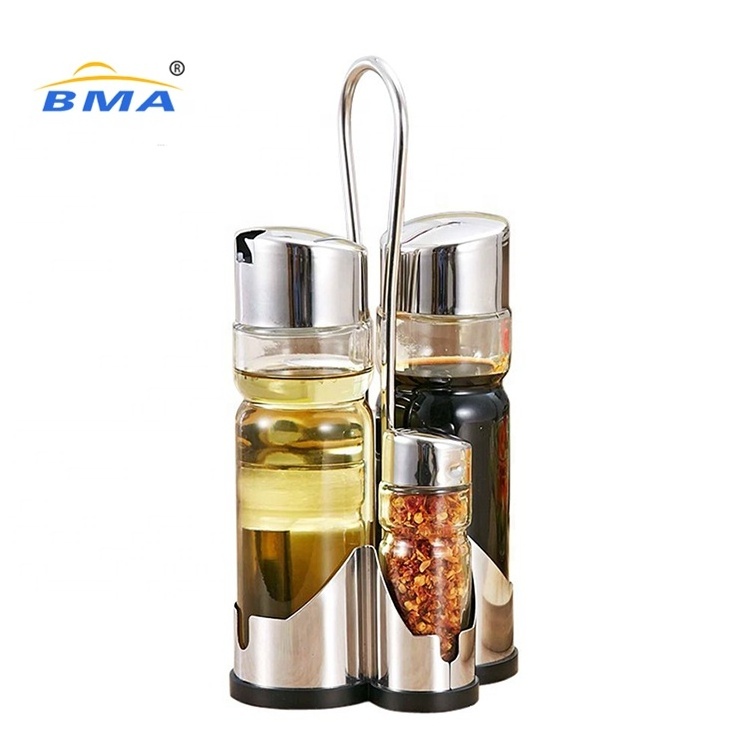 kitchen stainless steel stand glass cruet condiment set salt pepper shaker oil and vinegar dispenser