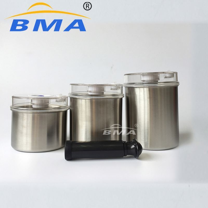 3pcs Vacuum food sealed canister with pump stainless steel metal tea coffee sugar airtight canisters sets storage container