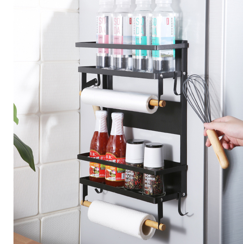 Folding metal Magnetic Spice Rack Organizer 2 Tier Refrigerator Storage Shelf with Paper Towel Holder and Removable Hooks