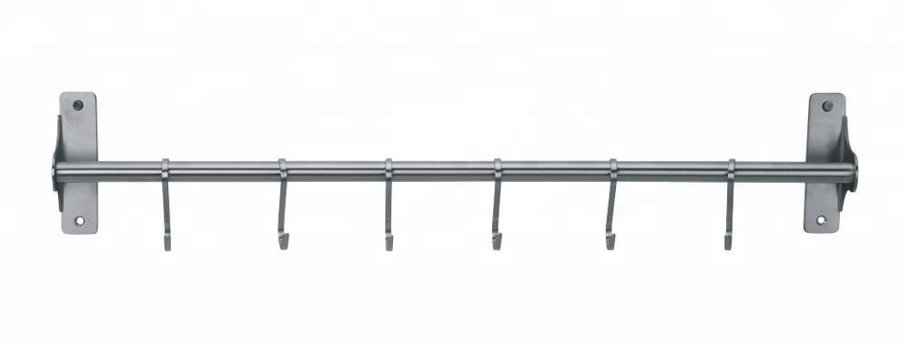 Kitchen Sliding Hooks Solid Stainless Steel Hanging Rack Rail with 6 Utensil Removable S Hooks for Towel, Pot Pan, Spoon