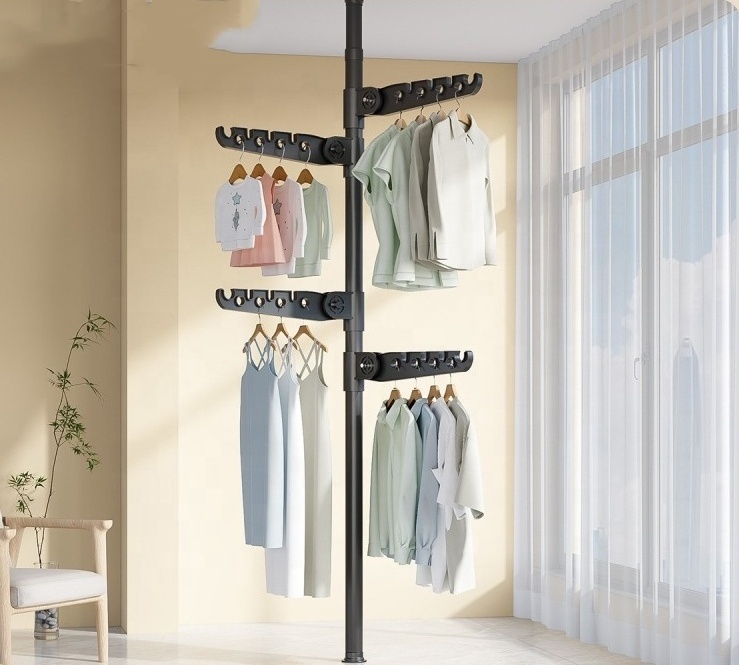 Indoor outdoor ceiling and floor foldable clothes drying rack stretch height clothes dry