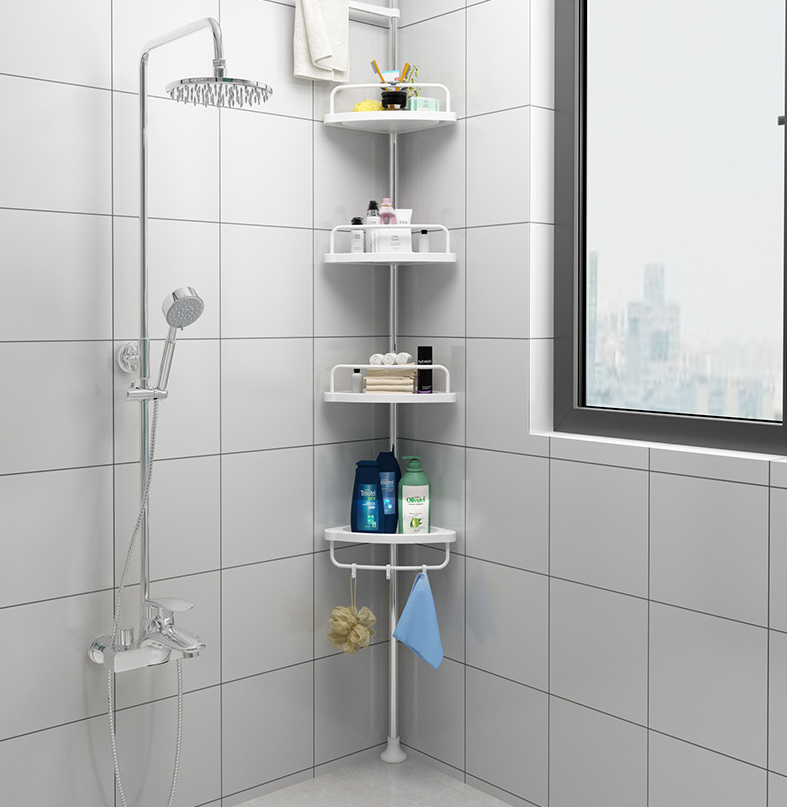 Bathroom Plastic Storage Organizer Corner Tension Shower Caddy Wall Mounted Shelf Rack No Drill Stainless Steel Metal telescopic