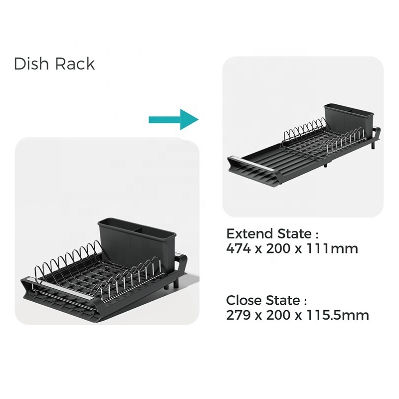 Kitchen single tier Dish Drying Rack PP stainless steel 304 Organizer With Drainboard expanded Dish Drainer