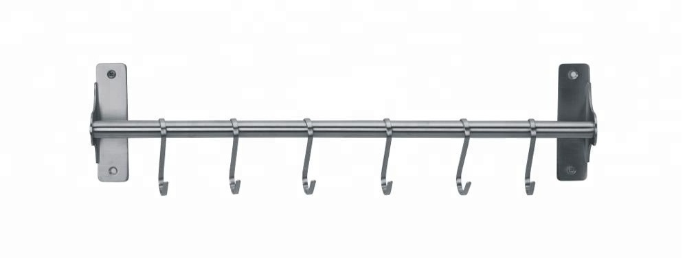 Kitchen Sliding Hooks Solid Stainless Steel Hanging Rack Rail with 6 Utensil Removable S Hooks for Towel, Pot Pan, Spoon