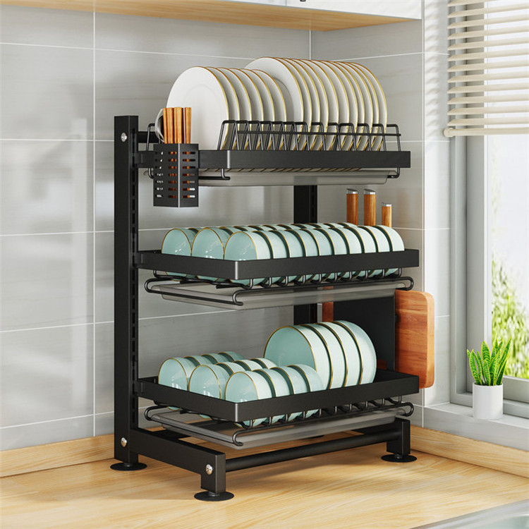 Dish Drying Rack 3-Tier 304 Stainless Steel Standing Dish Drainer for Kitchen Cabinet or Counter with Utensil Holder