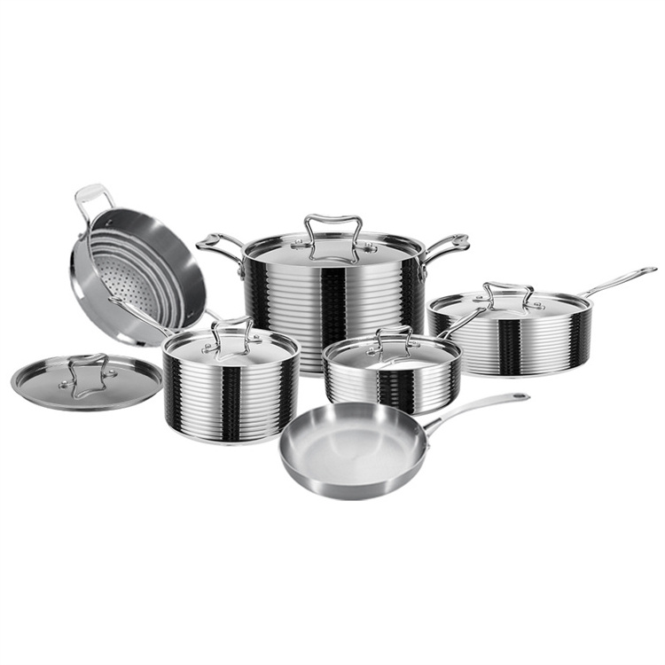 11 Piece Kitchen Non Stick Cooking Pot and Pan Set Triple Ply Stainless Steel Saucepan Skillet Stockpot Nonstick Cookware Set