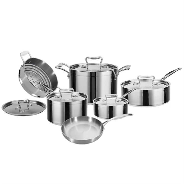 11 Piece Kitchen Non Stick Cooking Pot and Pan Set Triple Ply Stainless Steel Saucepan Skillet Stockpot Nonstick Cookware Set