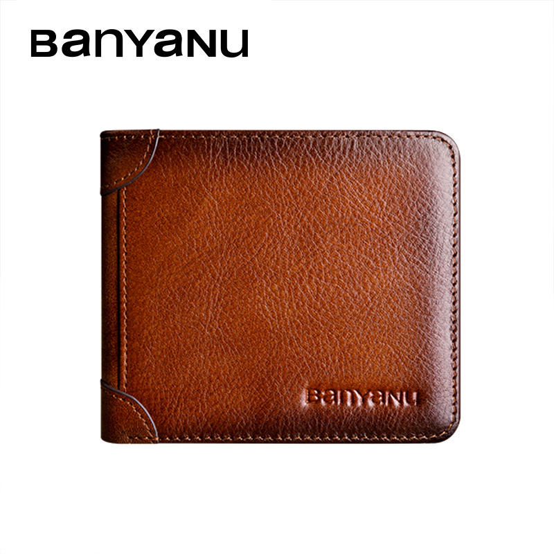 BANYANU Retro Guangzhou factory cow leather RFID men's wallet short wallet multi card seat wallet men's fashion high quality