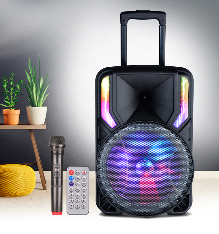 15 inch subwoofer wireless trolley speaker quality 60 w outdoor high power karaoke speaker with mic and blue tooth for party