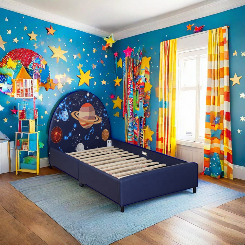 Fashion Cartoon Star Space kids Bed Waterproof and Dirt Resistant Detachable Crib Factory Custom Kids Furniture For kids Room