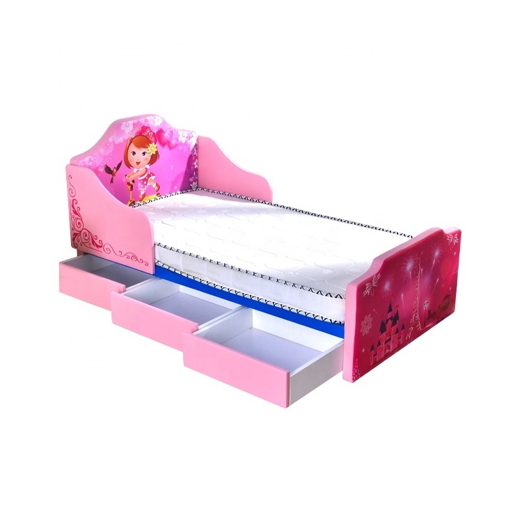 Warm cute kids bed princess cartoon leather dirt resistant crib with drawers girl bed storable children's furniture