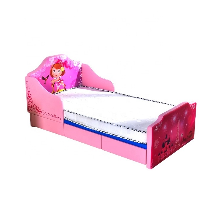 Warm cute kids bed princess cartoon leather dirt resistant crib with drawers girl bed storable children's furniture