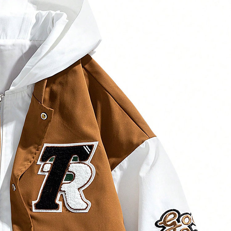 Modern Style Jackets Men Varsity Color Block Custom Wind Break Jacket Slogan Graphic  Brown Jacket