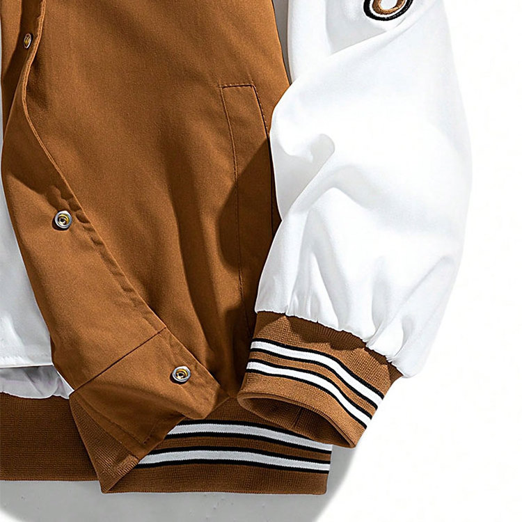 Modern Style Jackets Men Varsity Color Block Custom Wind Break Jacket Slogan Graphic  Brown Jacket