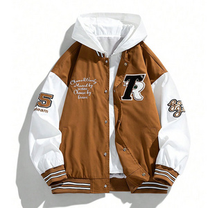 Modern Style Jackets Men Varsity Color Block Custom Wind Break Jacket Slogan Graphic  Brown Jacket