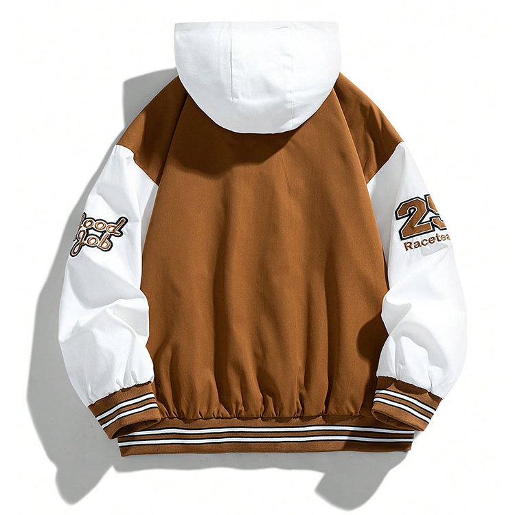 Modern Style Jackets Men Varsity Color Block Custom Wind Break Jacket Slogan Graphic  Brown Jacket