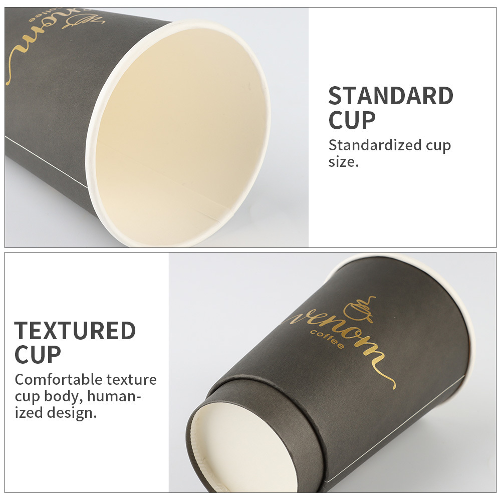 4oz 8oz 12oz disposable double wall gold foil stamping custom logo all black hot coffee paper cup  with PS lid