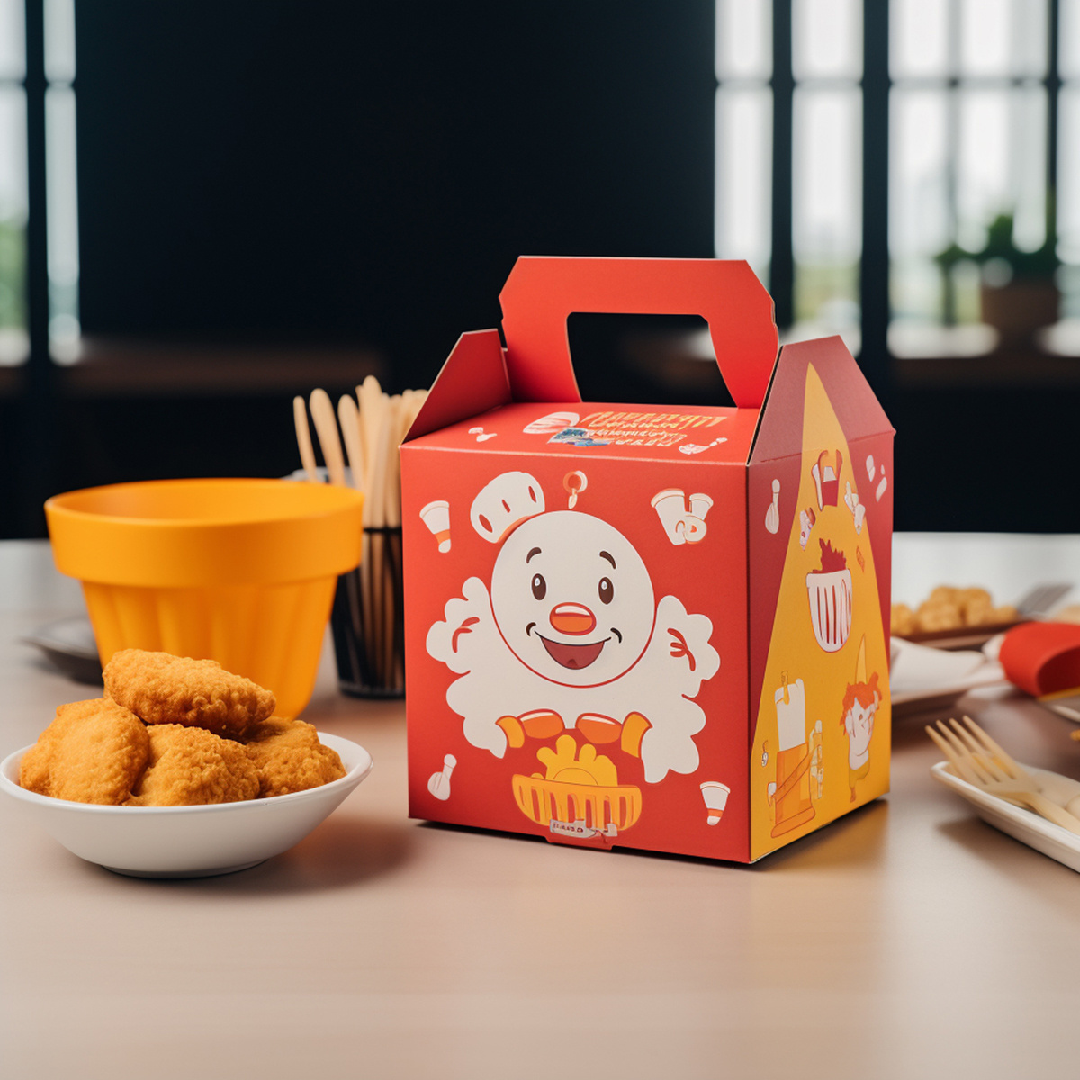 Custom Fast Food Paper Packaging Container Kraft Corrugated Takeaway Hamburger French Fries Roast Fried Chicken Box With Handle