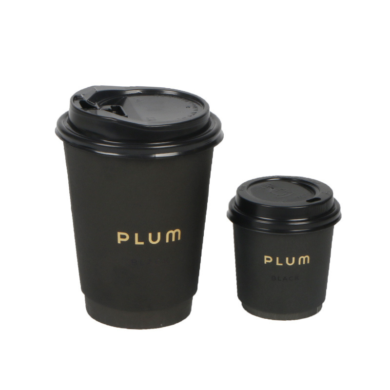 4oz 8oz 12oz disposable double wall gold foil stamping custom logo all black hot coffee paper cup  with PS lid