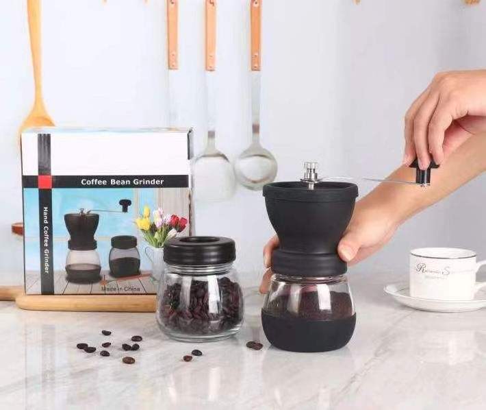 home kitchen custom manual glass coffee bean grinder portable handheld coffee grinder for espresso pour over Portable