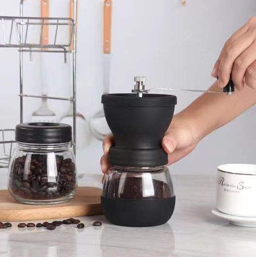 home kitchen custom manual glass coffee bean grinder portable handheld coffee grinder for espresso pour over Portable