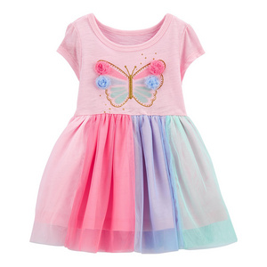 Butterfly Jersey Tutu Dress 2022 Spring Summer Wholesale Custom Girls Princess Dress Rainbow Mesh Dress