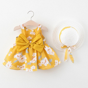 2PCS/Set Summer Girls Dress Hats Sleeveless Princess Flower Dresses Cotton Casual Party Kids Dresses 1-3Y