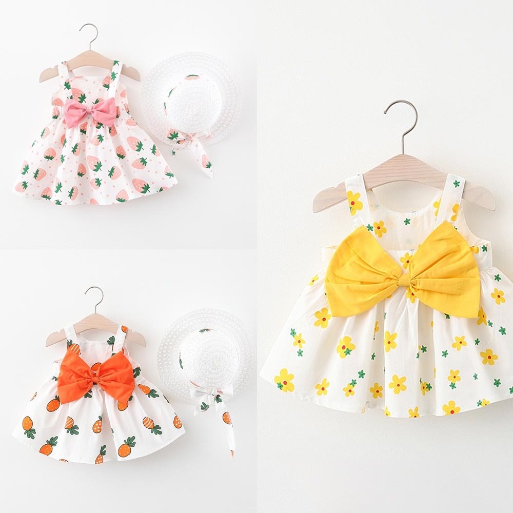 2PCS/Set Summer Girls Dress Hats Sleeveless Princess Flower Dresses Cotton Casual Party Kids Dresses 1-3Y