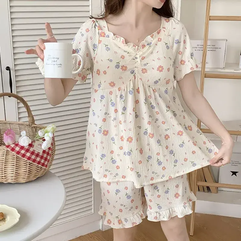 Women Pajama Sets T-shirts With Bra Pad+Shorts 2Pcs Suits Summer Nightwear Floral Printed Sleepwear Female Casual Home Clothes