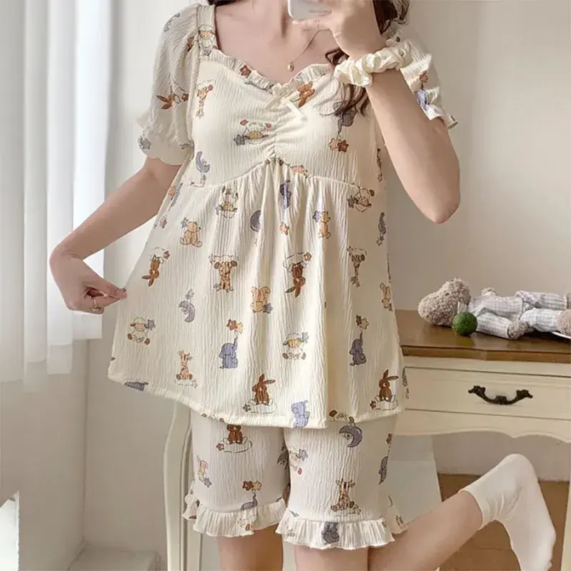 Women Pajama Sets T-shirts With Bra Pad+Shorts 2Pcs Suits Summer Nightwear Floral Printed Sleepwear Female Casual Home Clothes