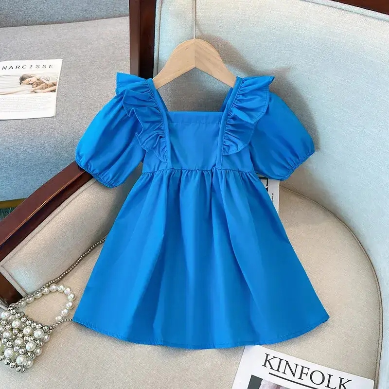 Baby Girls Dress Toddler Short Sleeved Dresses Kids Blue Costume Square Collar Sundress Children's Princess Clothing Fashion