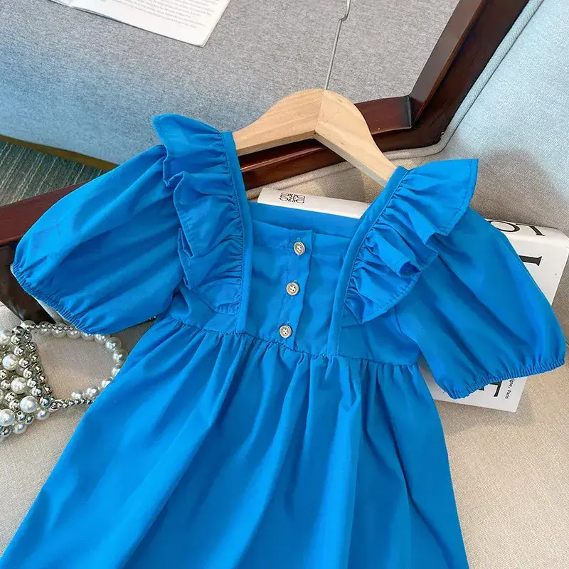 Baby Girls Dress Toddler Short Sleeved Dresses Kids Blue Costume Square Collar Sundress Children's Princess Clothing Fashion