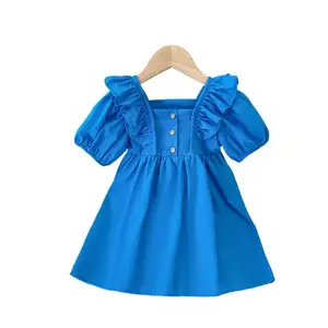 Baby Girls Dress Toddler Short Sleeved Dresses Kids Blue Costume Square Collar Sundress Children's Princess Clothing Fashion