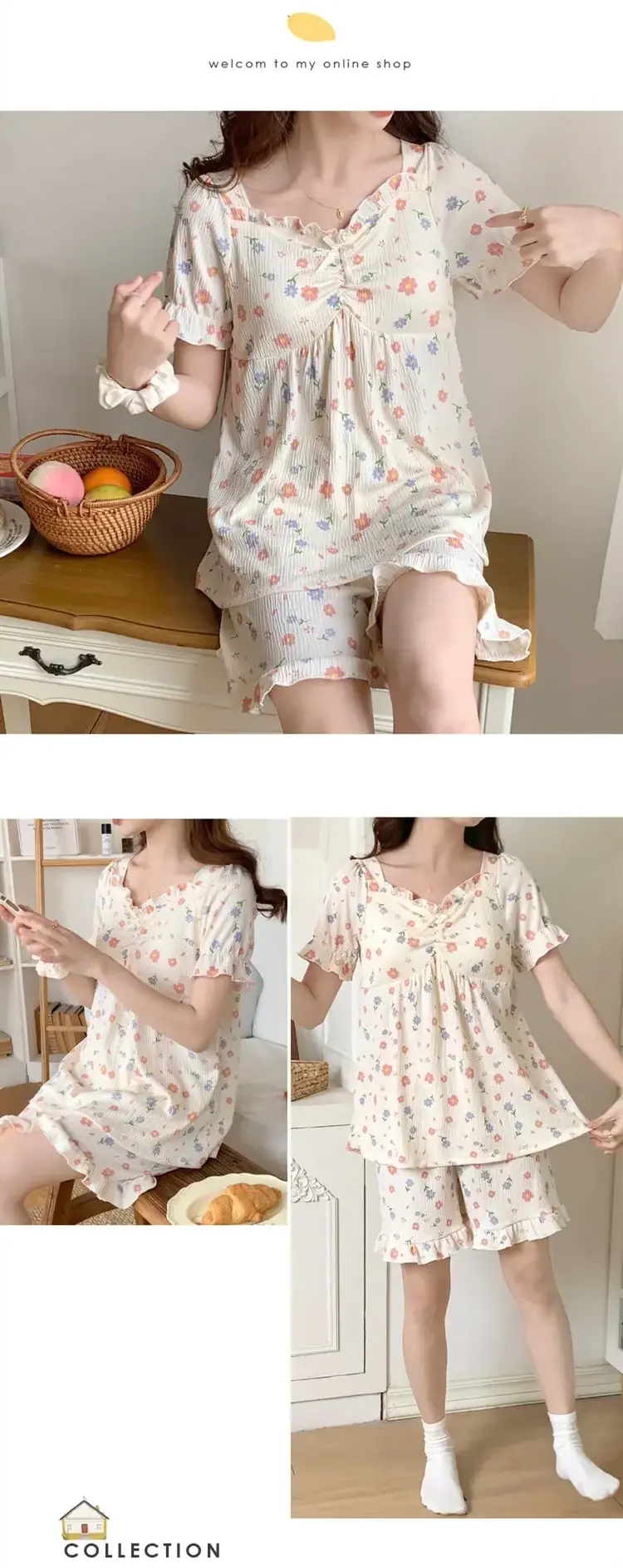 Women Pajama Sets T-shirts With Bra Pad+Shorts 2Pcs Suits Summer Nightwear Floral Printed Sleepwear Female Casual Home Clothes