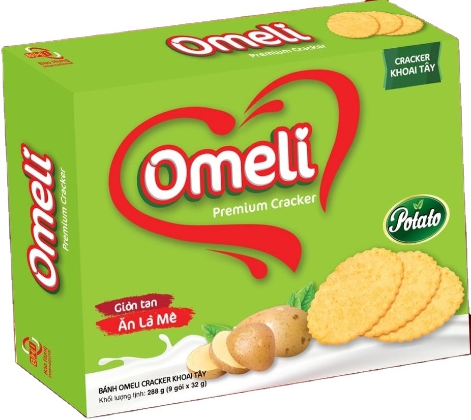 Premium Quality Omeli/ OEM Brand Thin Crispy Biscuit Cracker with potato flavour in green paper box design 288g Halal ISO