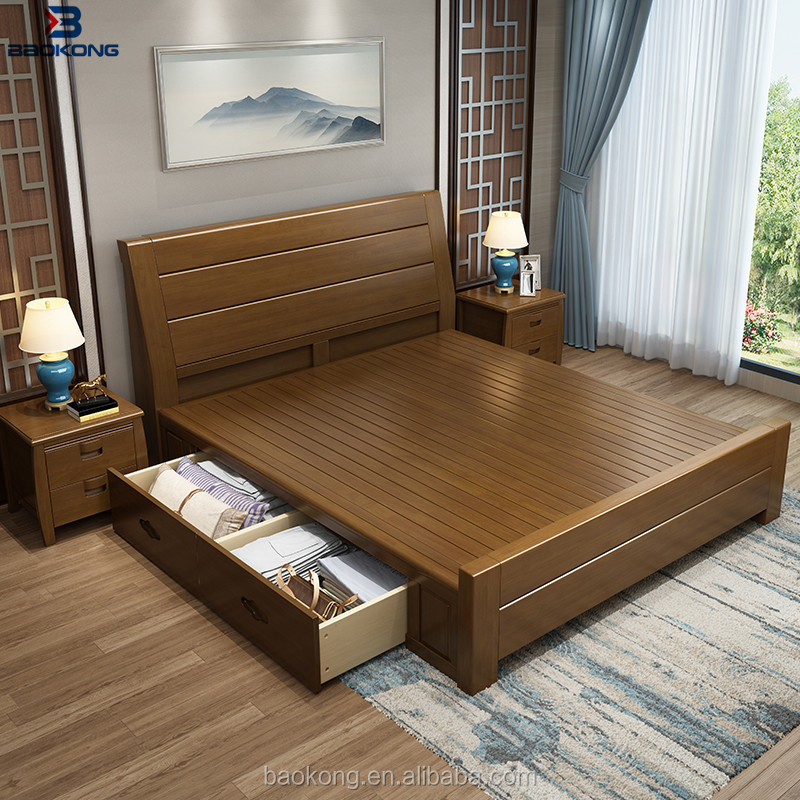 wood double bed design with box king size adult bed