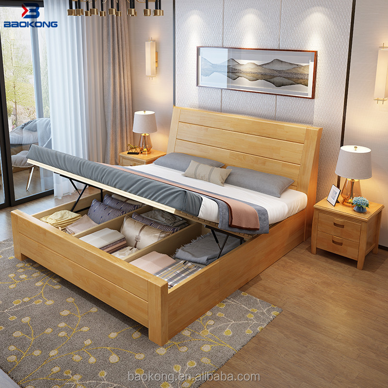 wood double bed design with box king size adult bed