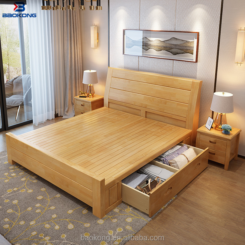 wood double bed design with box king size adult bed