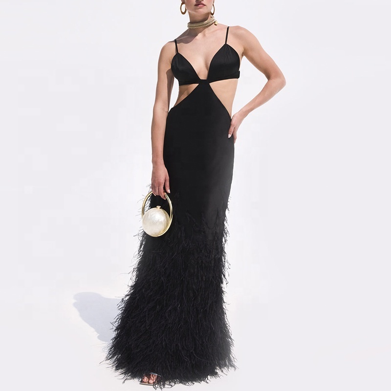 ostrich feathers cascading from the waist to the hem silky satin  lined and drapes down from the bust ostrich feathers dress