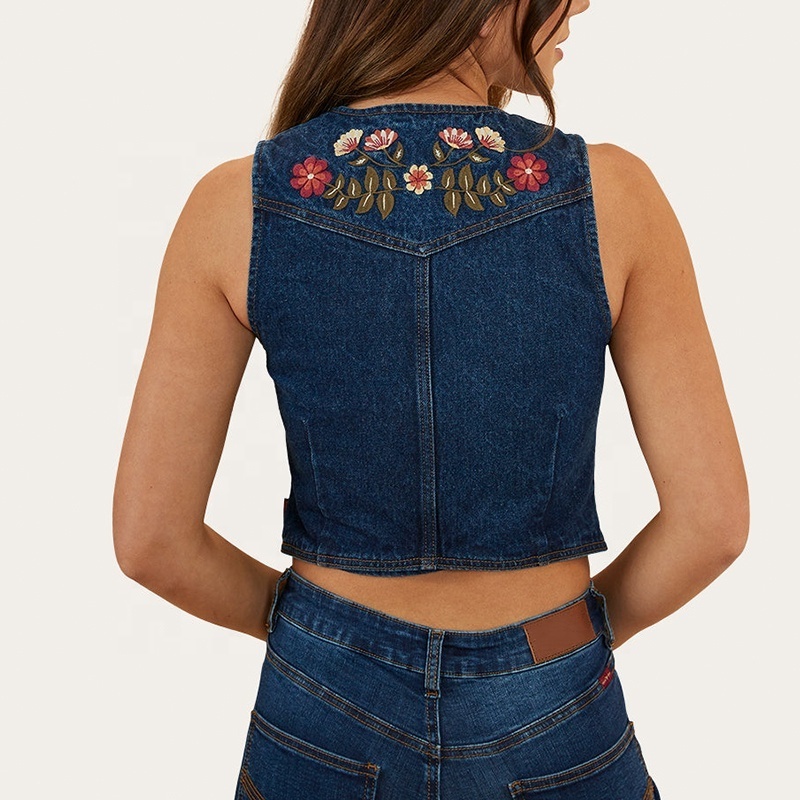 Women work shirt vest 100% Cotton Rigid denim Semi-fitted front button closure women embroidery denim blue vest