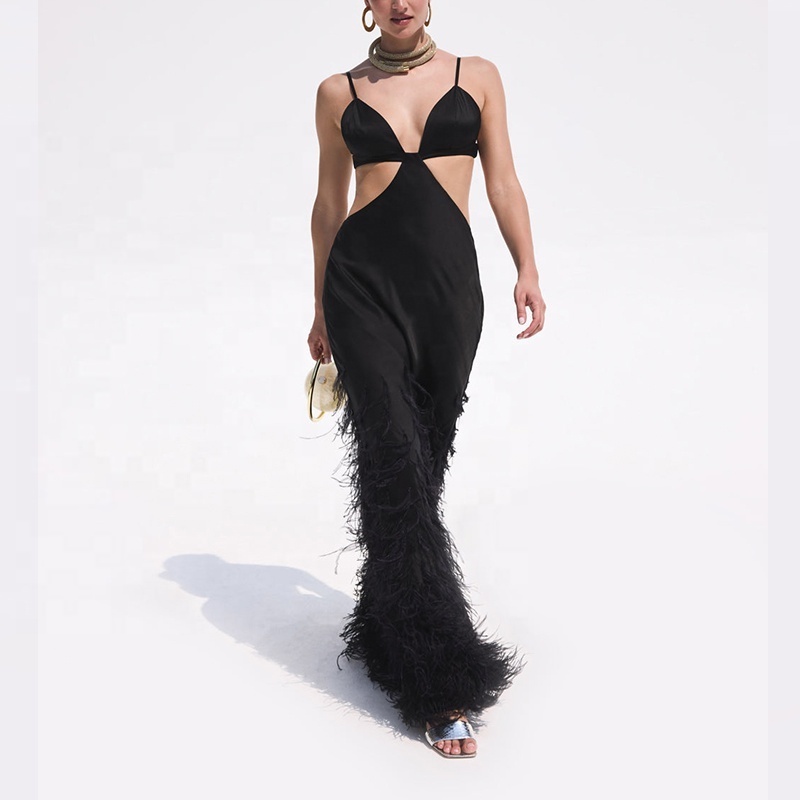 ostrich feathers cascading from the waist to the hem silky satin  lined and drapes down from the bust ostrich feathers dress