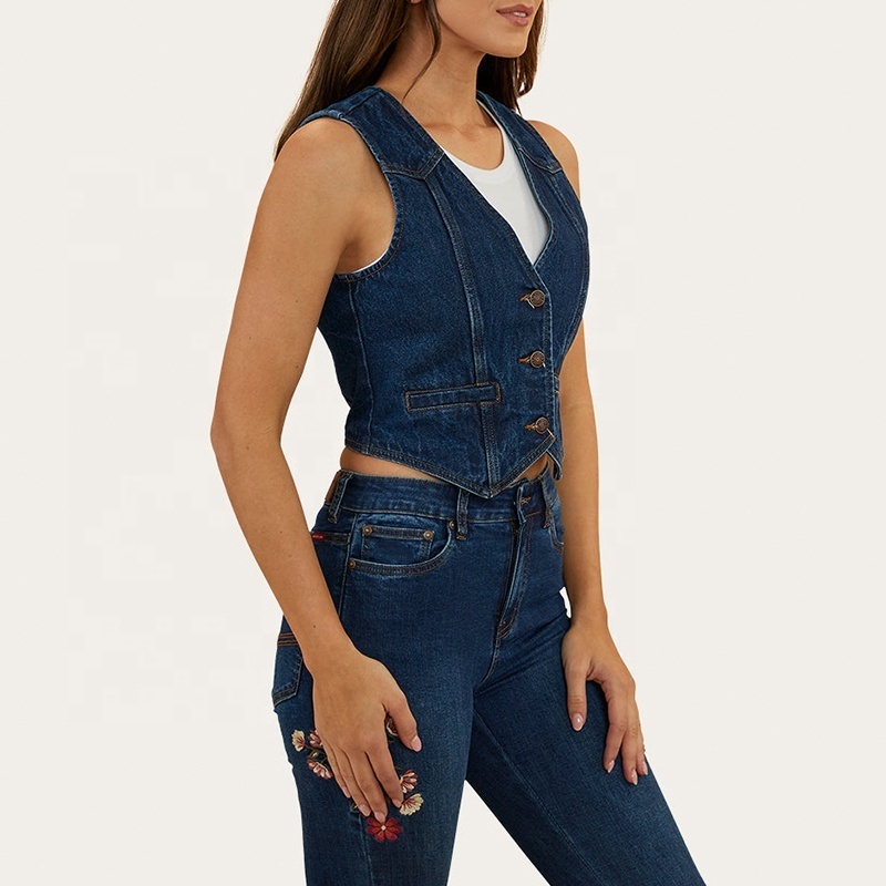 Women work shirt vest 100% Cotton Rigid denim Semi-fitted front button closure women embroidery denim blue vest