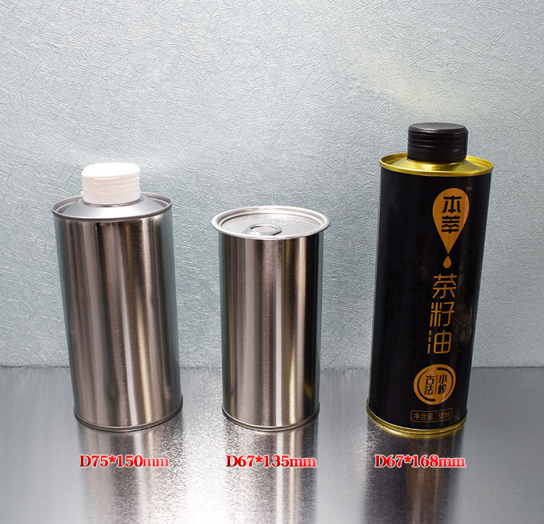 Oil Tin Olive Custom CMYK Food Grade Safe Metal Walnut Oil Can Round Oil Tin Can with Plastic Pull Cover Tinplate 500ml Baolai