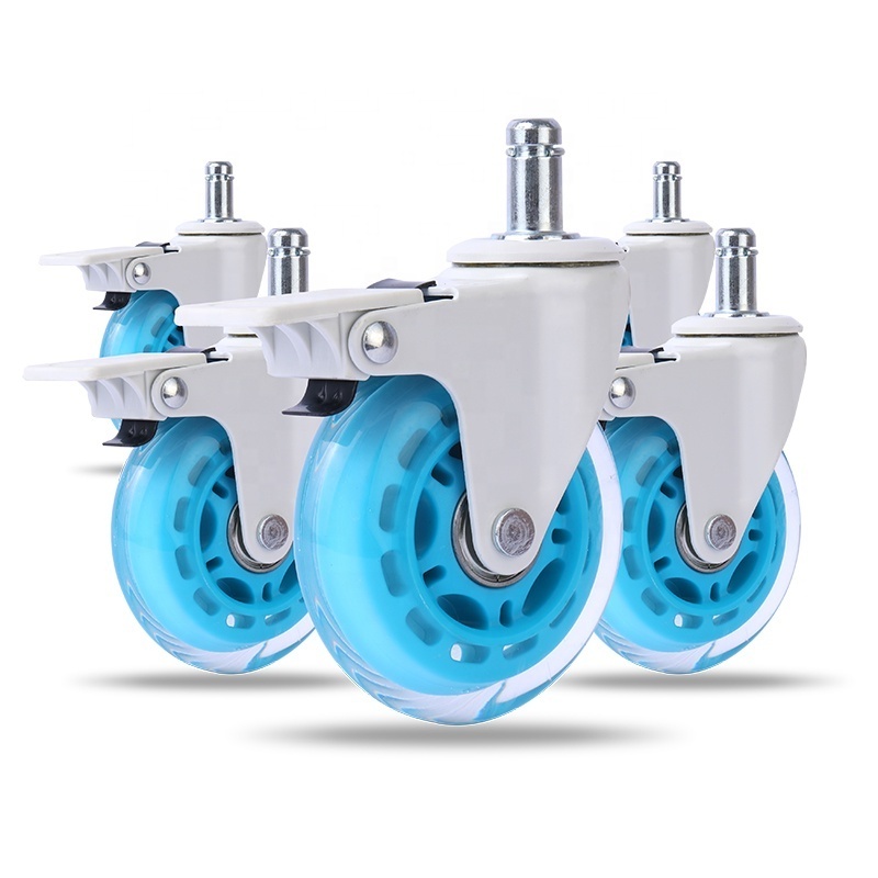 China big factory 75mm blue rubber wheels for office chairs white brake chair castor with 11mm/ 10mm stem 3