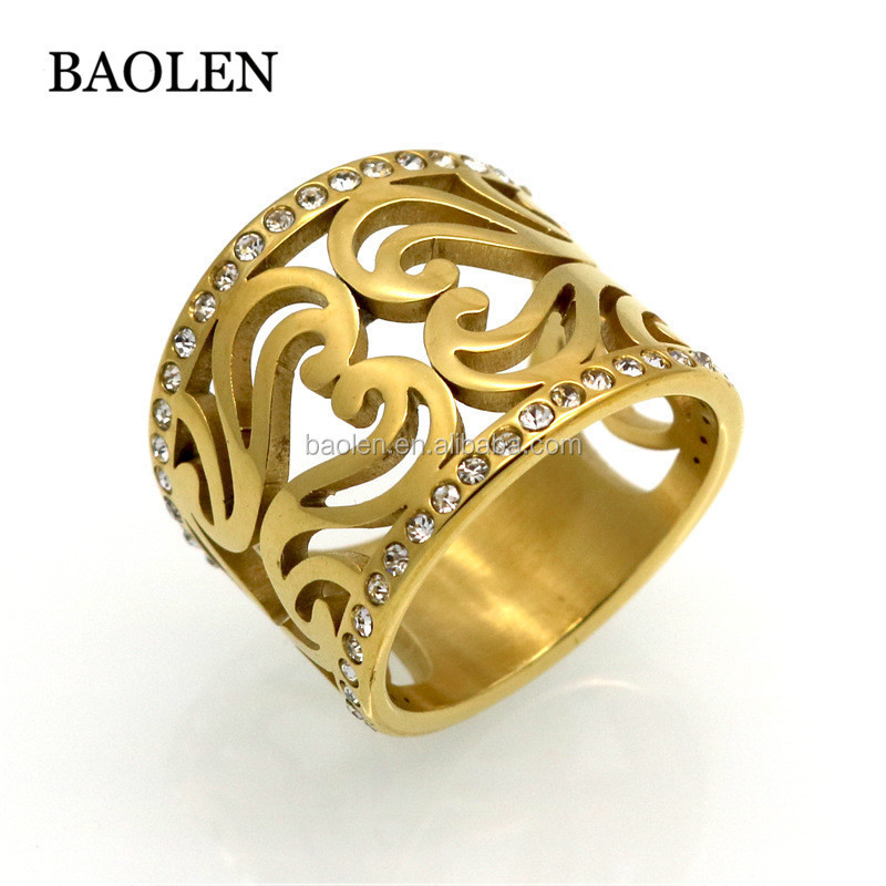 17mm Width Brand Design Hollow Flower Rhinestone Rings 316L Stainless Steel Rings For Women Ring Gold Color Party Jewelry